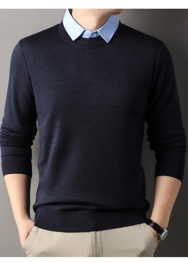 NoEnName_Null Men's Casual Pullover – Wool & Lycra Blend with Turn-Down Collar