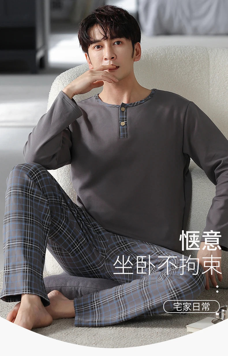 Elegant Man's Pajamas Loungewear 2023 Autumn Winter New Big Size 3xl 4xl Knitted Cotton Sleepwear Fashion Lounge Set Nightwear