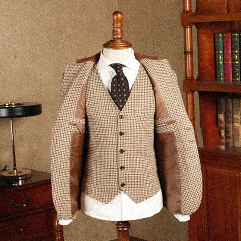 2021 Brown Classic Plaid Tweed Men Slim fit Groom Wedding Tuxedo Blazer Formal Business Jacket Vest Pants 3 Piece