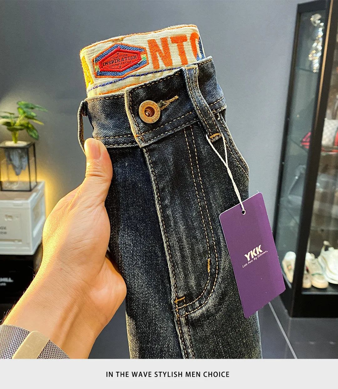 MXKSKV Men’s Slim Fit Straight-Leg Jeans. Distressed Stonewashed Denim with Badge Detail