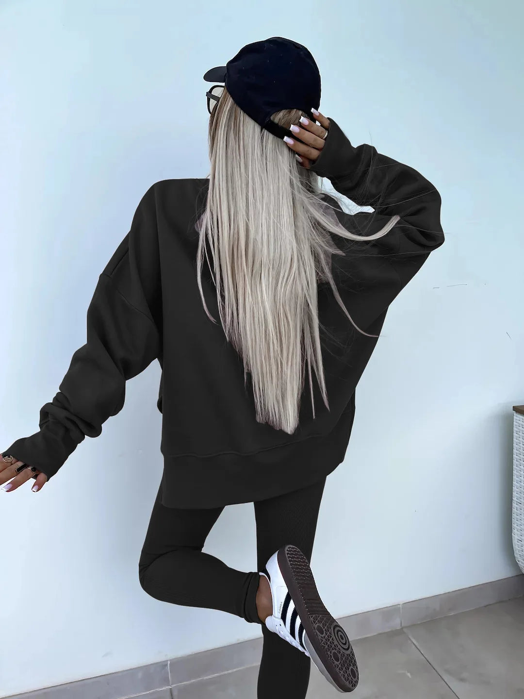 NoEnName_Null Women's Casual Pullover Set - Solid Color, Mid Waist, Full Sleeve - Autumn/Winter 2024