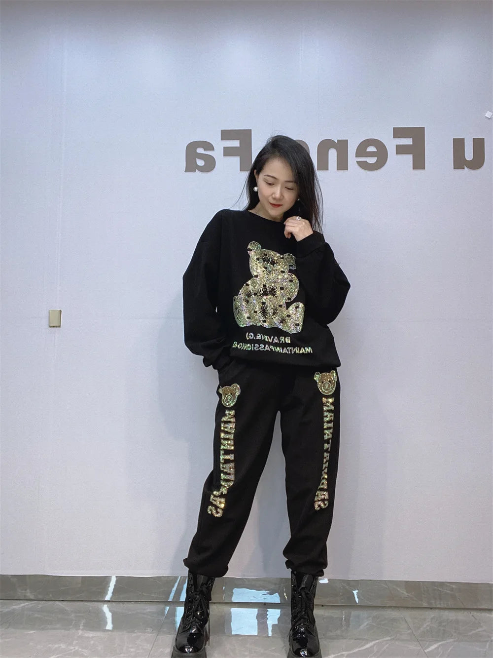 NoEnName_Null Casual Autumn/Winter Cartoon Pattern Pullover Set with Drawstring Waist and Pockets   