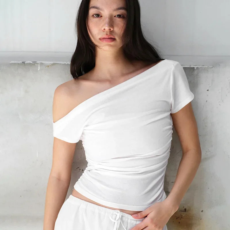 Vamos Todos Y2K Asymmetrical Skew Collar Slim Fit Tee for Women – Streetwear Summer Top