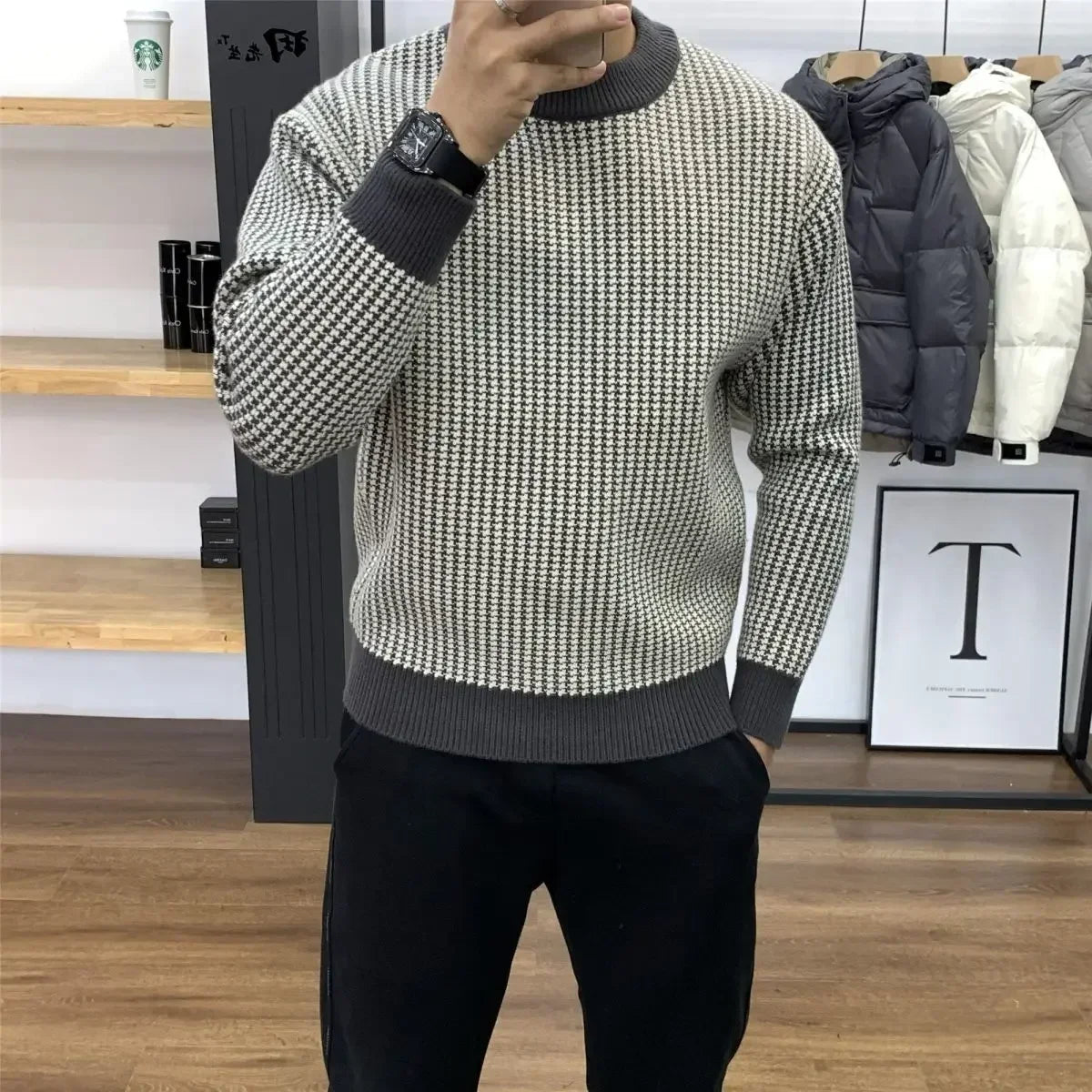 Shangkaka Men’s Autumn & Winter Patchwork Knit Sweater - Thick, Comfortable Pullover