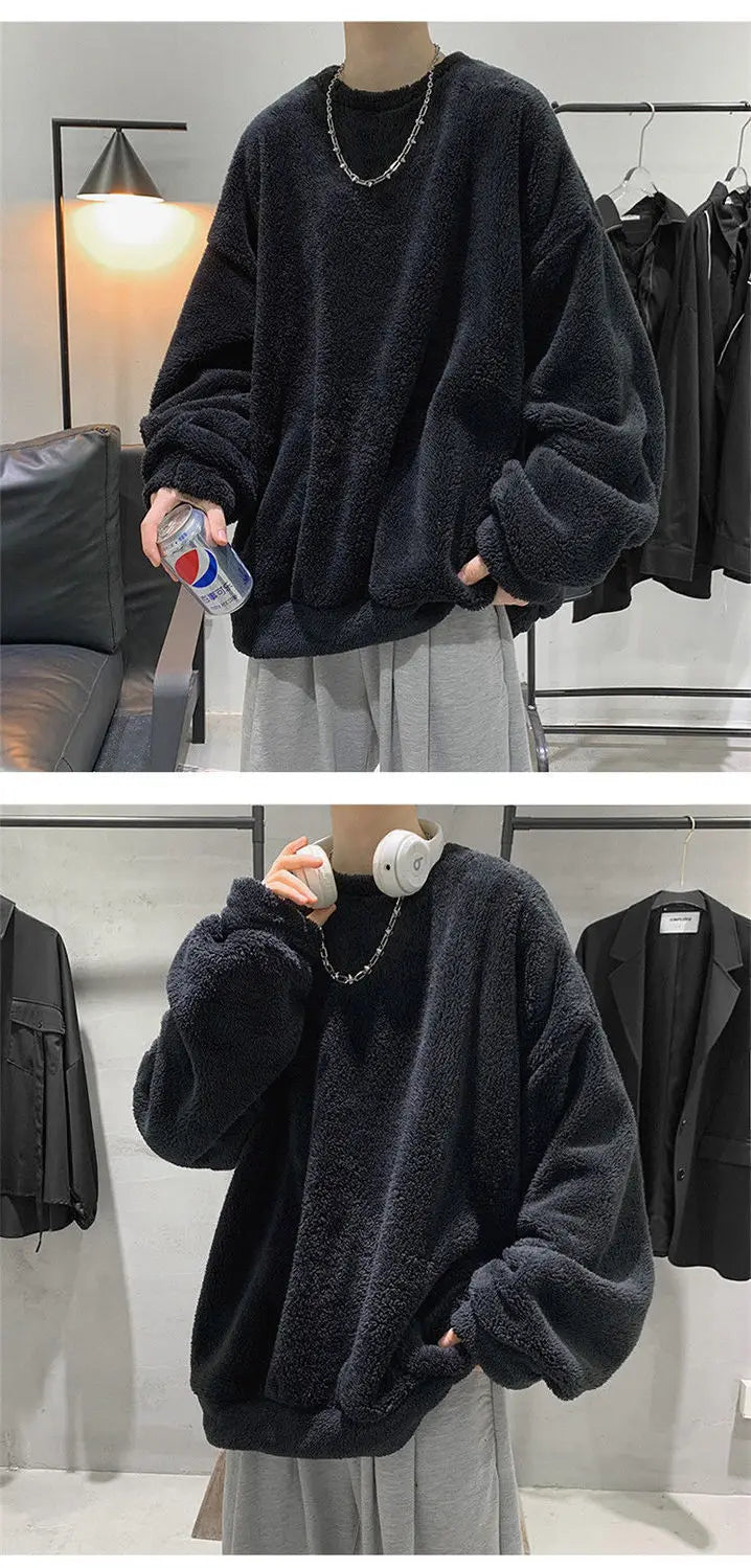 Zuolunouba Men's Solar System Sweatshirt – Casual Solid Color O-Neck with Wool Liner for Autumn & Winter