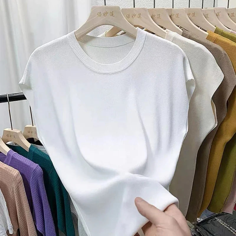 Women's T-Shirts 2024 Summer Ice Silk Knitted Tees Casual Solid Tops Purple Blue Fashion O Neck Short Sleeved Blouse for Women