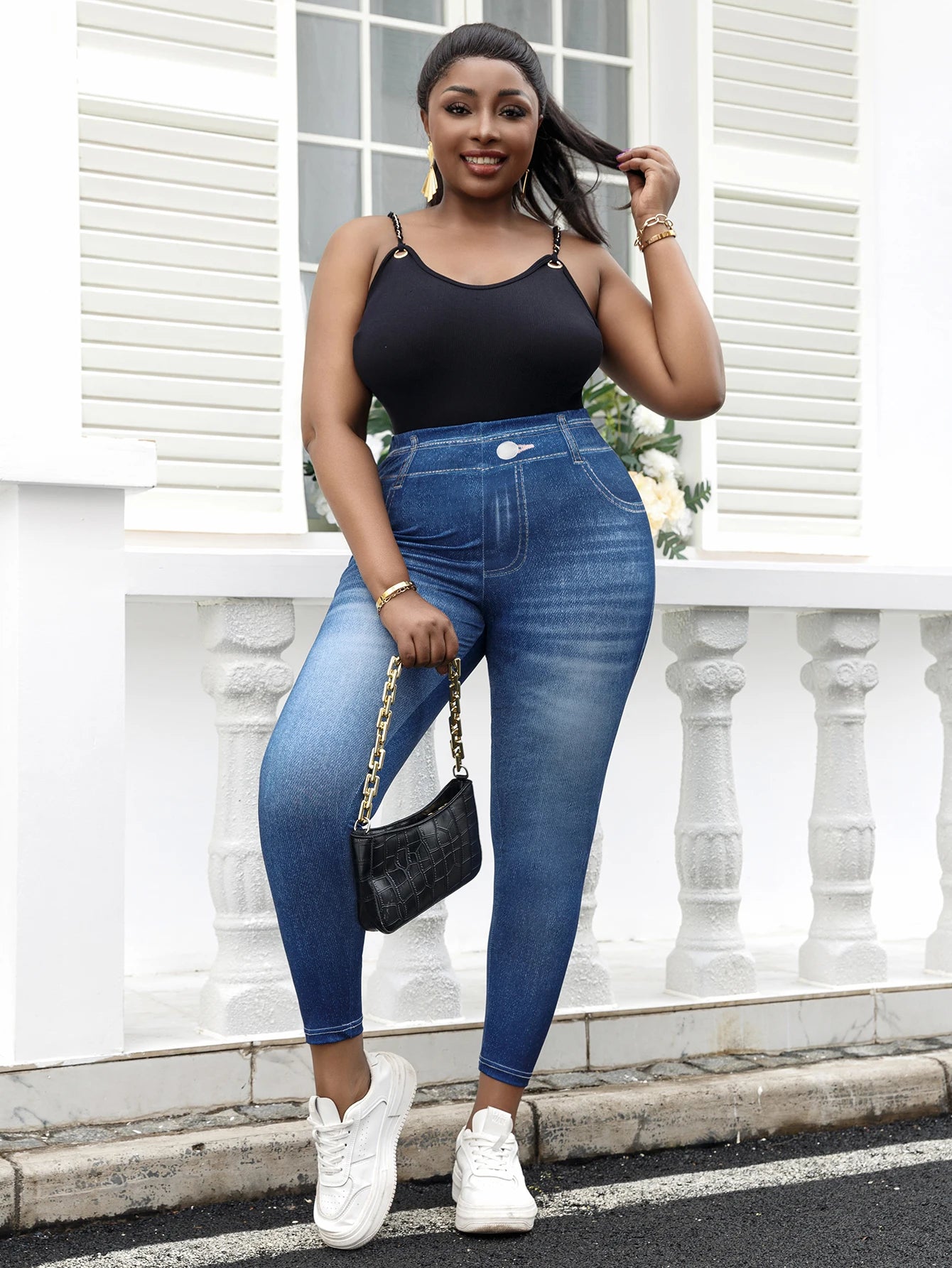 NoEnName_Null Women's Casual Knit Polyester Full-Length Pencil Pants with High Stretch and Print Pattern