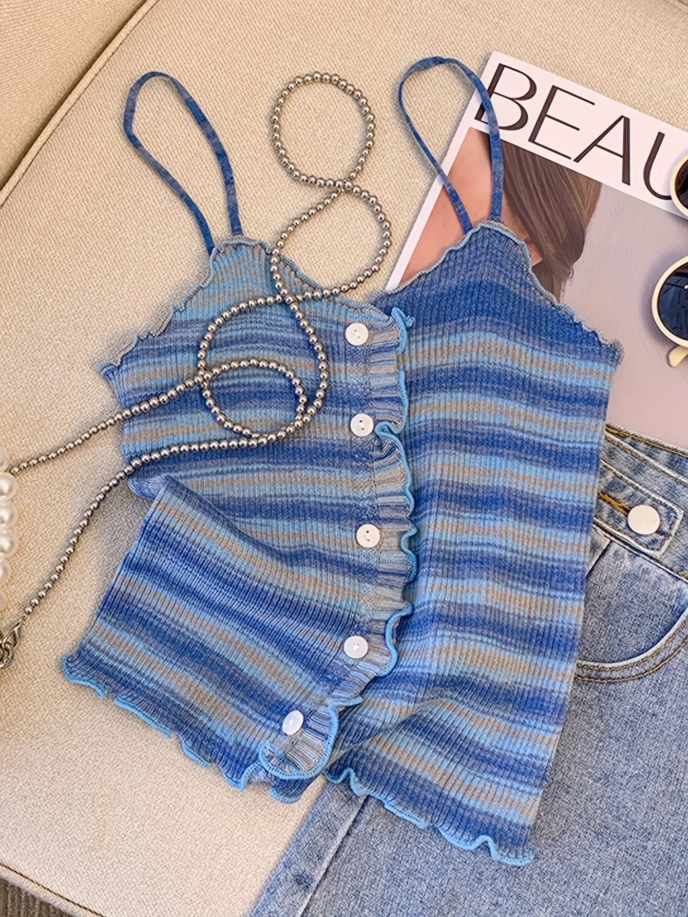 Abebey Women's Super-Short Tie-Dye Knitted Top - Casual Summer Wear