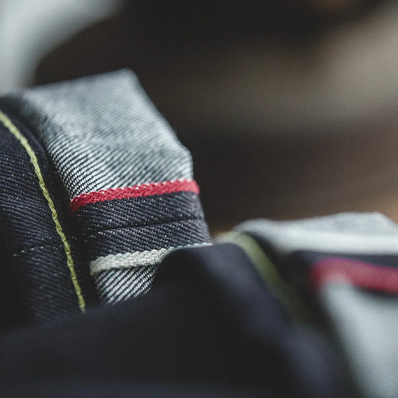 MADEN Men’s Safari Style Slim Fit Straight-Leg Denim Jeans - Embroidered, Vintage-Inspired with Raw Denim Finish