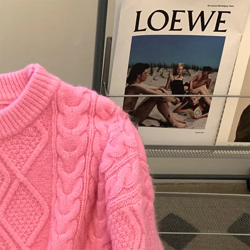 LEOSOXS Women’s Sweet High Street Wool Pullover – Autumn/Winter Solid O-Neck Sweater in Pink