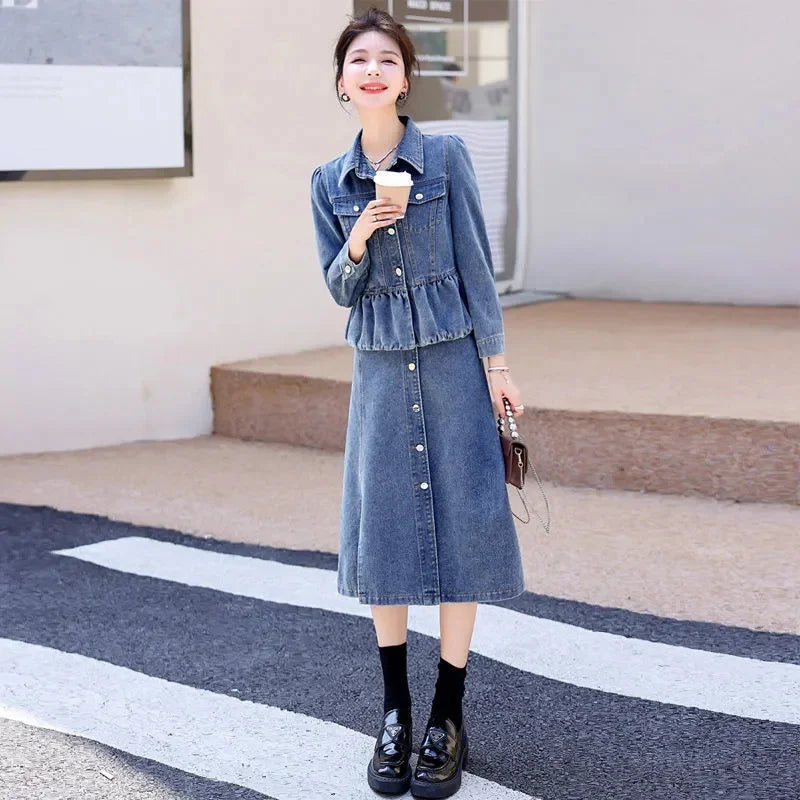 huapang-lsl Women's Office Lady A-Line Denim Dress – Knee-Length with Turn-Down Collar