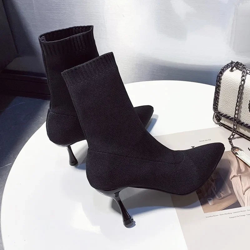 HKWZ Women's Mid-Calf Sock Boots – High Thin Heel, Stretch Fabric, Air Mesh, and Pointed Toe