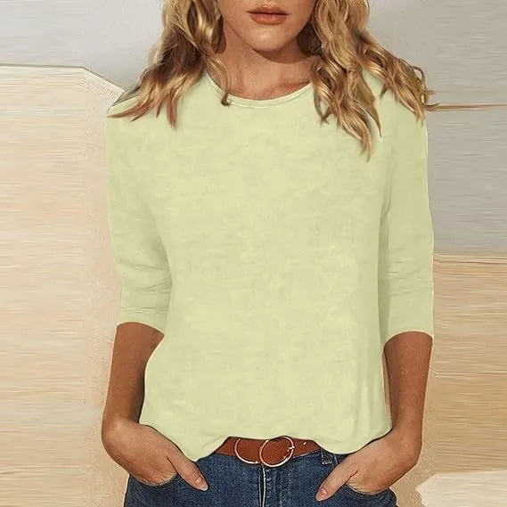 Women's Summer T-Shirts 2024 Fashion Casual Everyday Versatile O-Neck 3/4 Length Sleeve Tops Solid Color T-Shirt Tops Plus Size