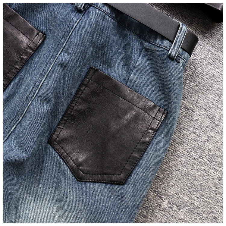 Amolapha Women’s Casual Denim Patchwork Set - High Waist, Wide Leg Pants with Turn-Down Collar (Spring/Summer 2023)