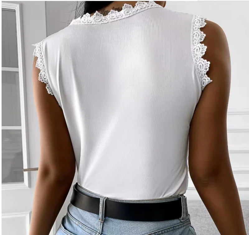 Women's Lace-Decorated Casual Tee – Spring/Summer Regular Fit Top by NoEnName_Null