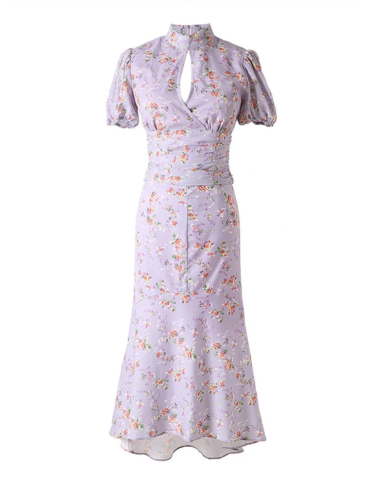 MingJieBiHuo Women's Sweet Asymmetrical Print Dress with Puff Sleeves – Summer Collection