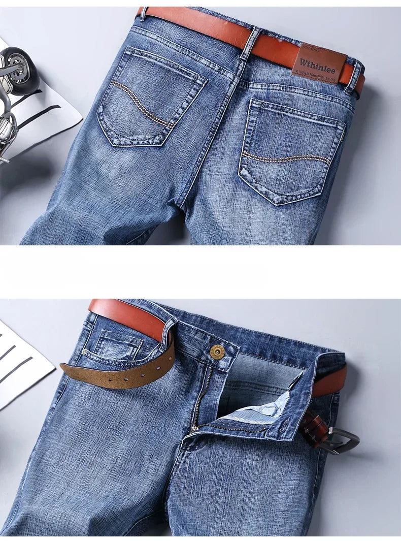 WTHINLEE Men's Smart Casual Mid-Waist Denim Jeans - Straight Fit, Full-Length, Midweight
