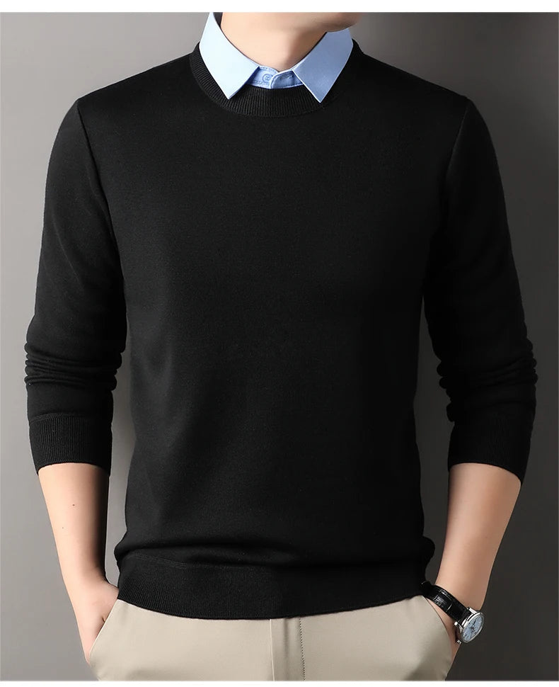 NoEnName_Null Men's Casual Pullover – Wool & Lycra Blend with Turn-Down Collar