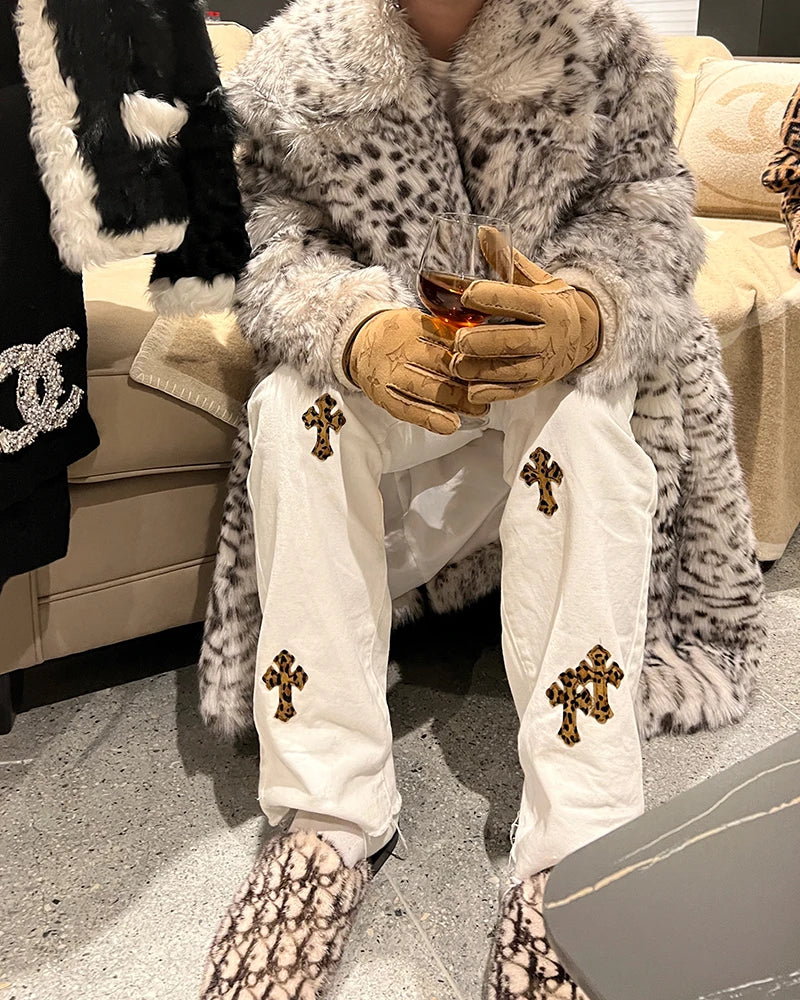 Mauroicardi Men’s Casual Leopard Faux Fur Winter Coat - Single-Breasted, Long-Length with Pockets