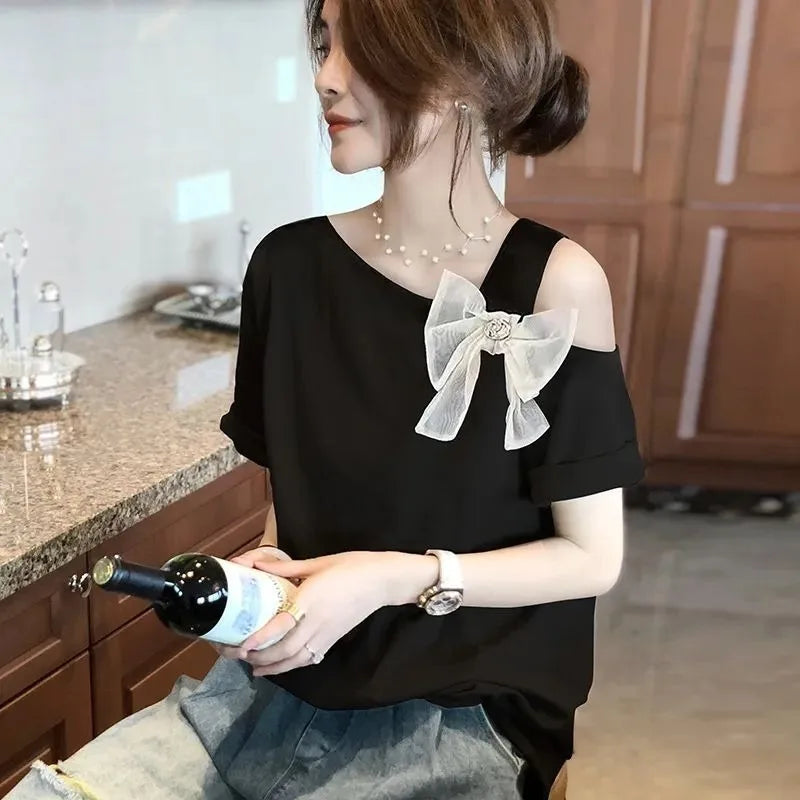 HIKIGAWA Women's Casual Summer Tee – Bow Detail, O-Neck, Short Sleeve Cotton Blend