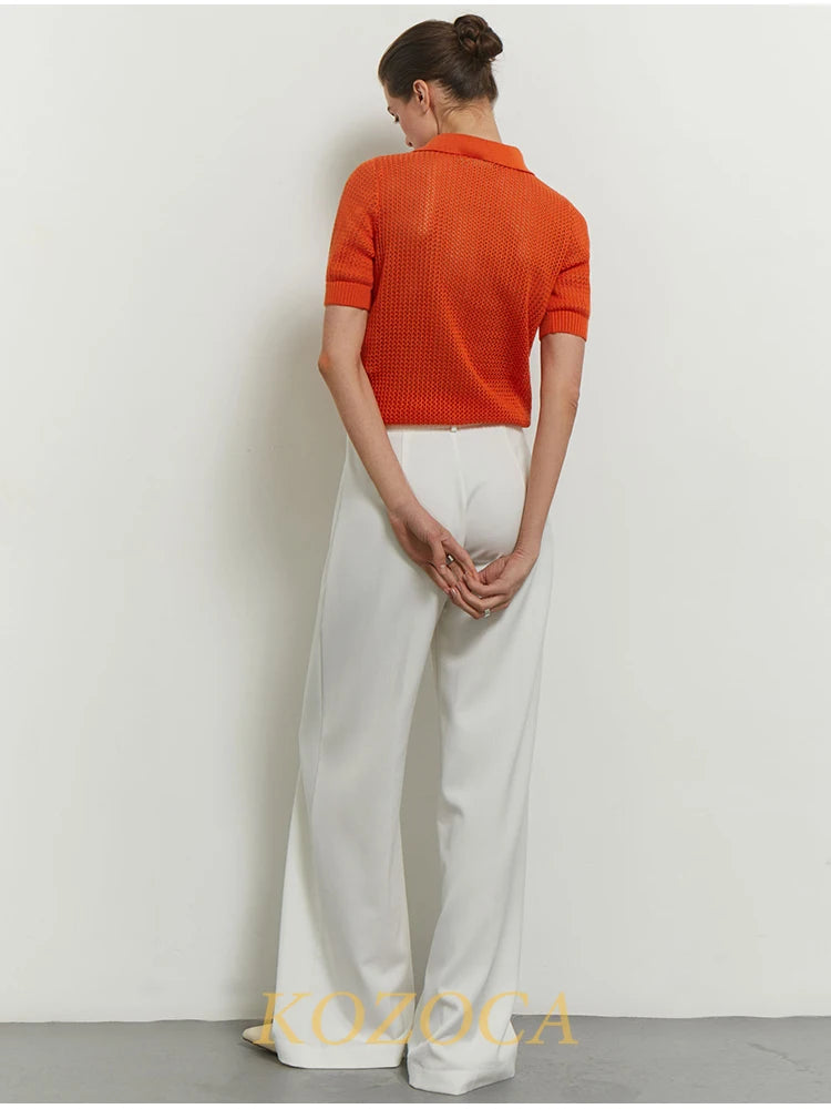 KOZOCA Women's Hollow-Out Knit T-shirt – Casual Solid Spring/Summer Top