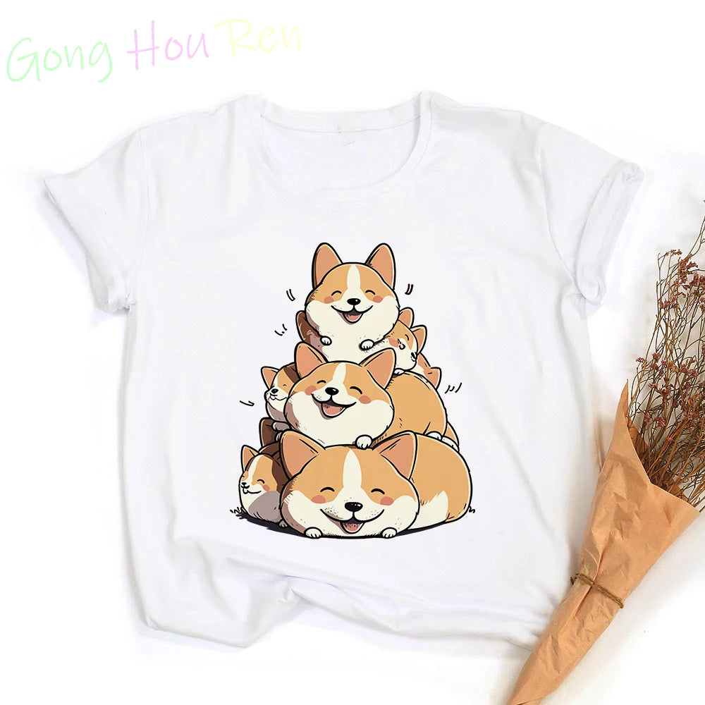 Gong Hou Ren Women’s Corgi Cartoon Graphic T-Shirt – Summer 2024 Collection