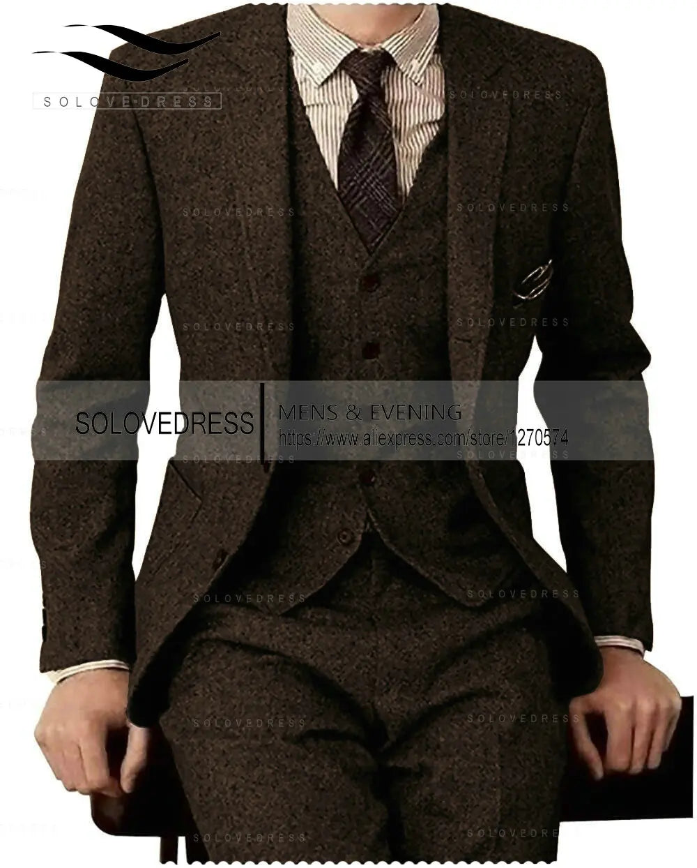 Brown Tweed Men 3 Pieces Formal Business Gentle-Mens Groom Wedding Dress Blazer Suits(Jacket+Pants+Vest)