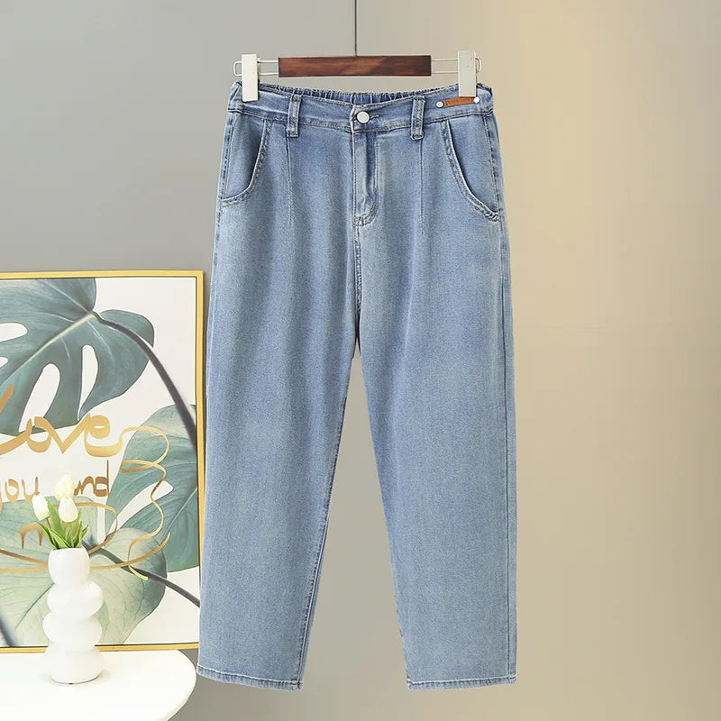 BISENMADE Women's High-Waist Slim Fit Stripe Harem Jeans with Pockets – Ankle-Length for Spring/Summer