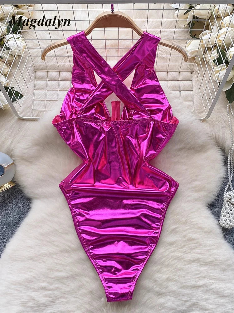 Magdalyn Women’s Sexy High-Waist Skinny Bodysuit a Solid Coated Cloth Romper for All Seasons