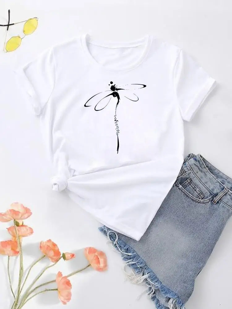 NoEnName_Null Women's Cartoon Print Casual O-Neck T-shirt – Summer Top