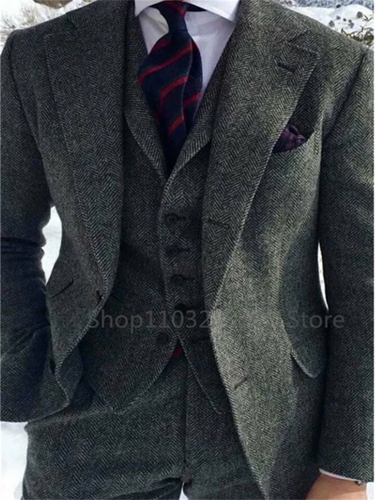 3 Piece Gray Herringbone Winter Suit for Men Wool Tweed Slim Fit Formal Groom Wedding Tuxedo Sets Business Wedding Male Suits