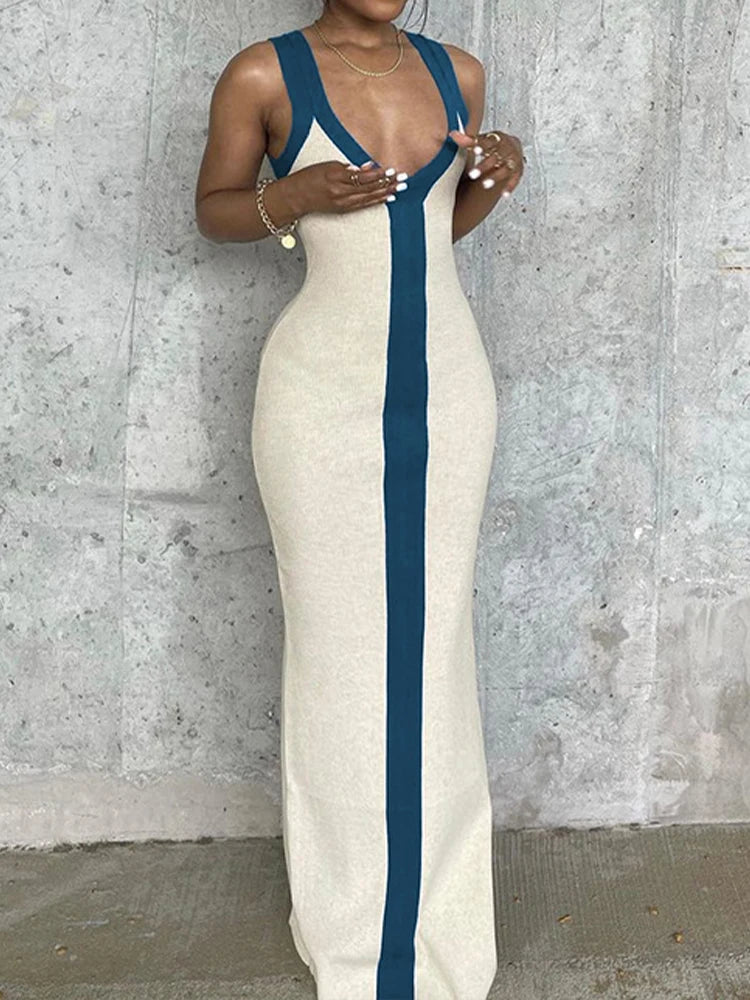 Off-The-Shoulder Patchwork Bandage Dress for Women – V-Neck Ankle-Length Casual Spring/Summer Dress