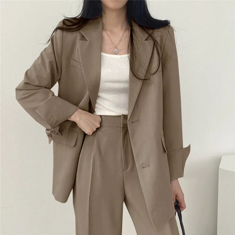 eDressU Women's Casual High-Waist Wide Leg Pant Suit - Full Length, Loose Fit, Shawl Collar, Pockets, All-Season Polyester