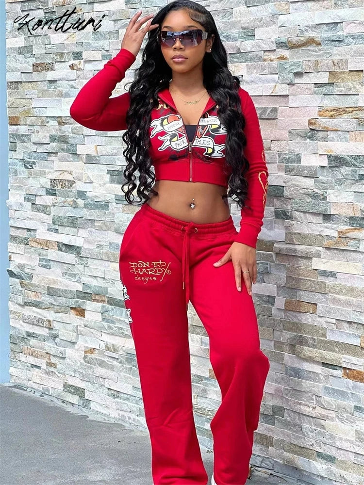 Kontturi Streetwear Women's Autumn/Winter Hooded Zip-Up Set with Ankle-Length Pants