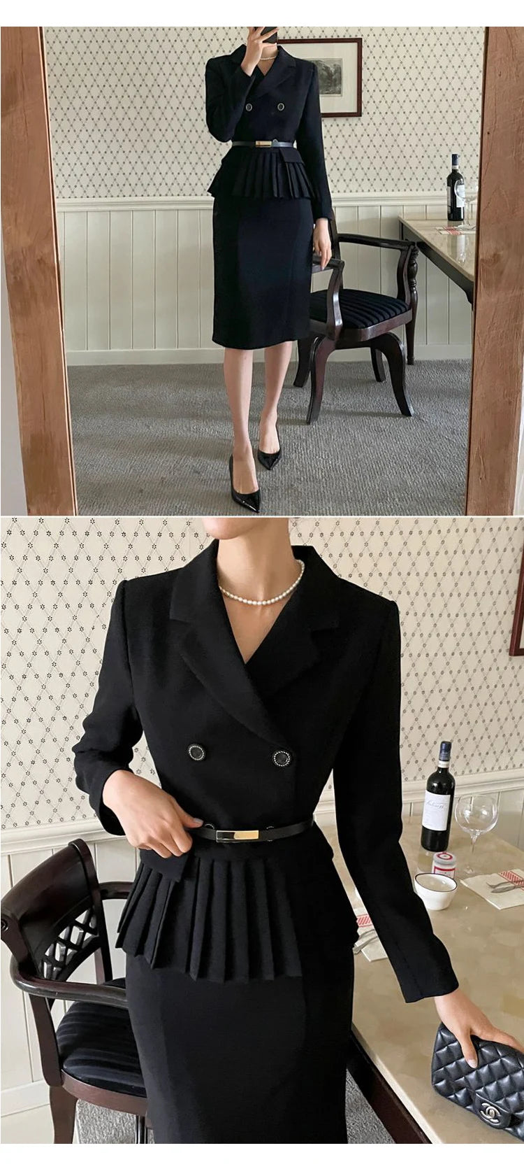 Autumn Spring Office Ladies Two Piece Set Double-Breasted White Ruffles Belt Blazer Tops + Split Pencil Skirt Suit