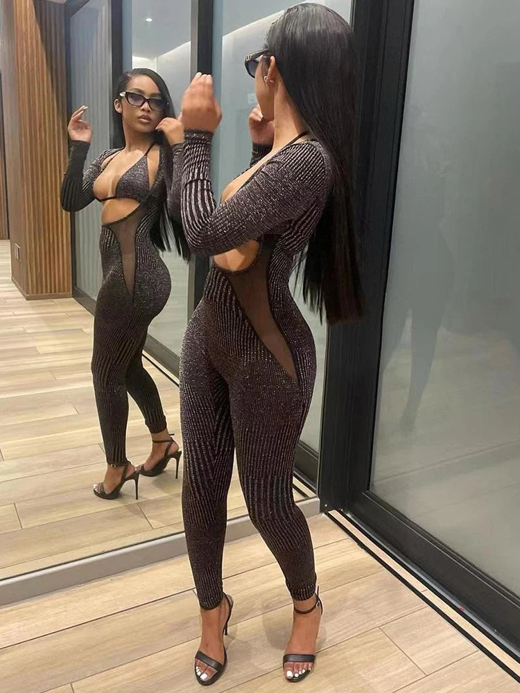 Simenual Women's Streetwear Hollow Out High-Waist Pencil Jumpsuit – Skinny Fit, Ankle-Length, All-Season