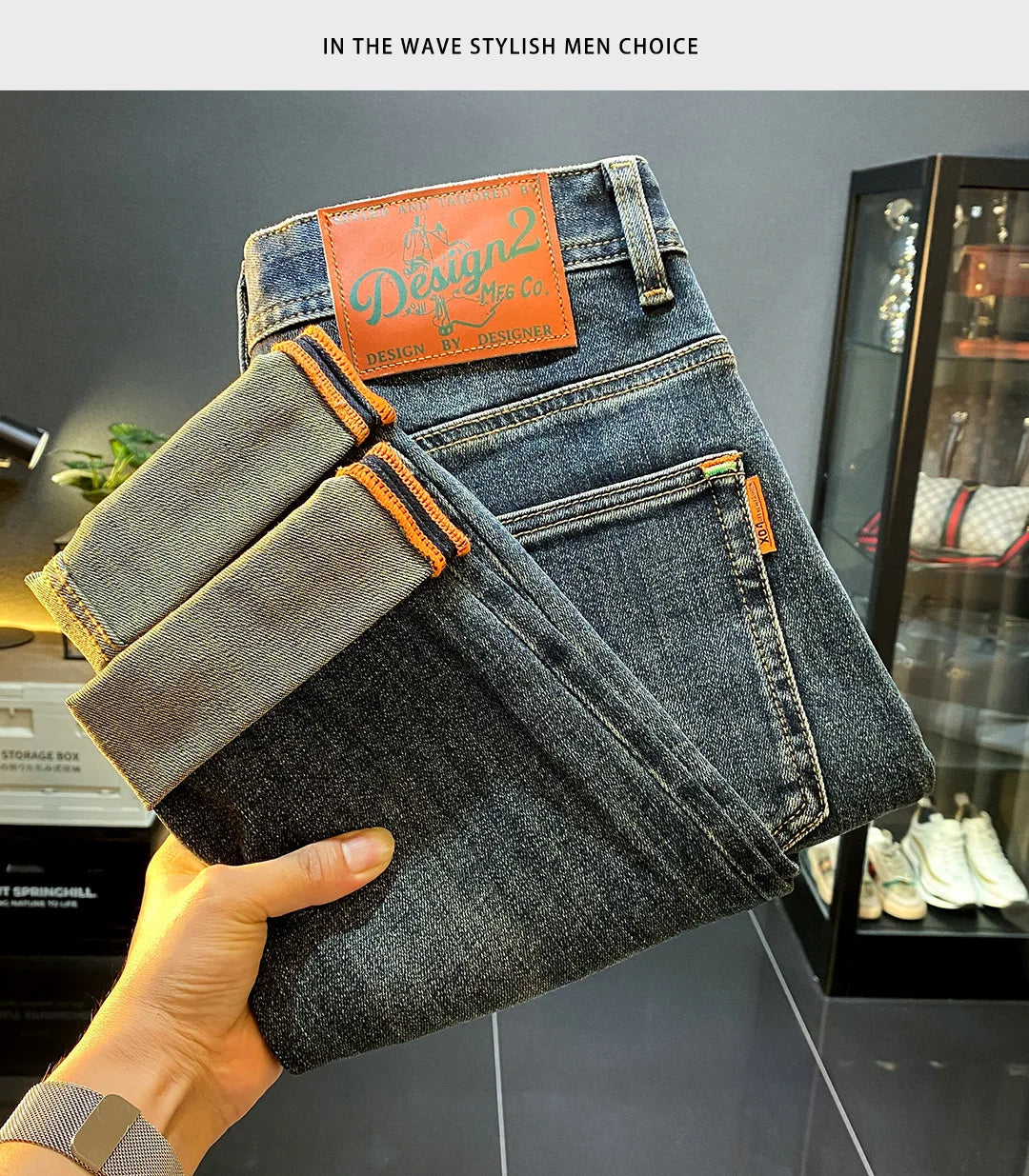 MXKSKV Men’s Slim Fit Straight-Leg Jeans. Distressed Stonewashed Denim with Badge Detail