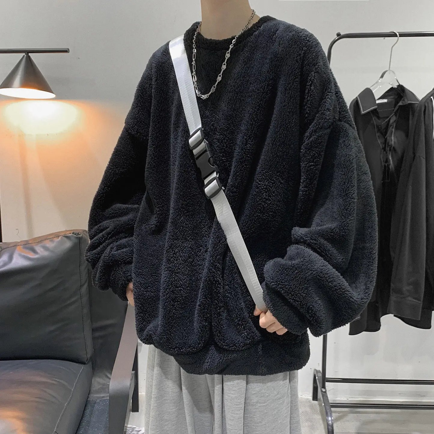Zuolunouba Men's Solar System Sweatshirt – Casual Solid Color O-Neck with Wool Liner for Autumn & Winter
