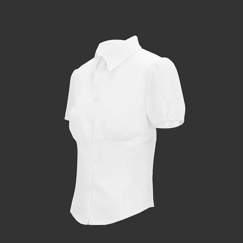 VYTB Women's Slim Fit Button-Up Tee – Turn-Down Collar, Short Sleeve, Summer Club Style