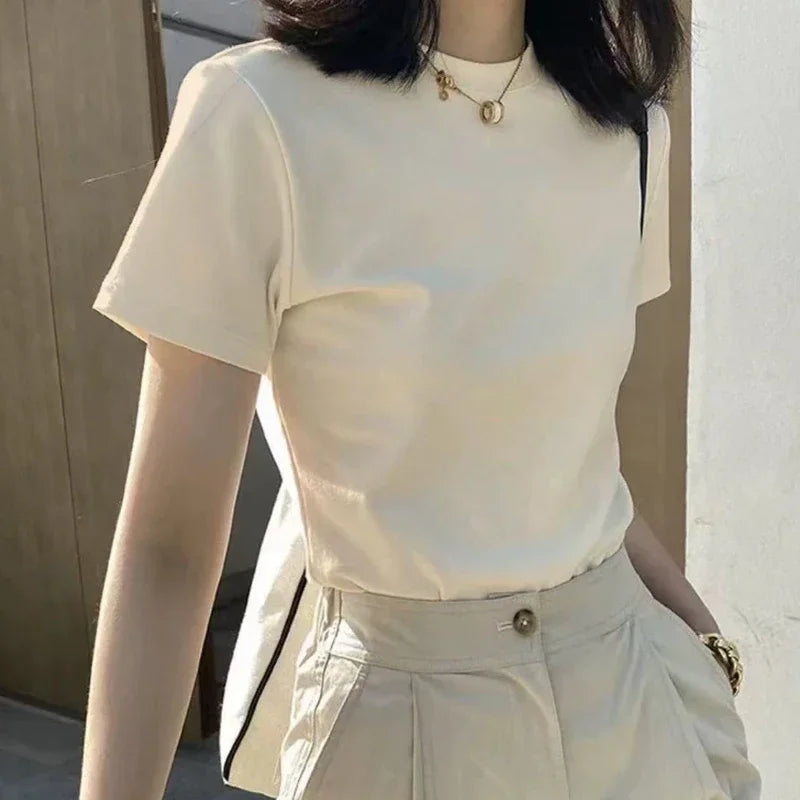 Summer T Shirts For Women cream Casual Korean Streetwear Basic Solid Young Cool free-sized Tops 2025