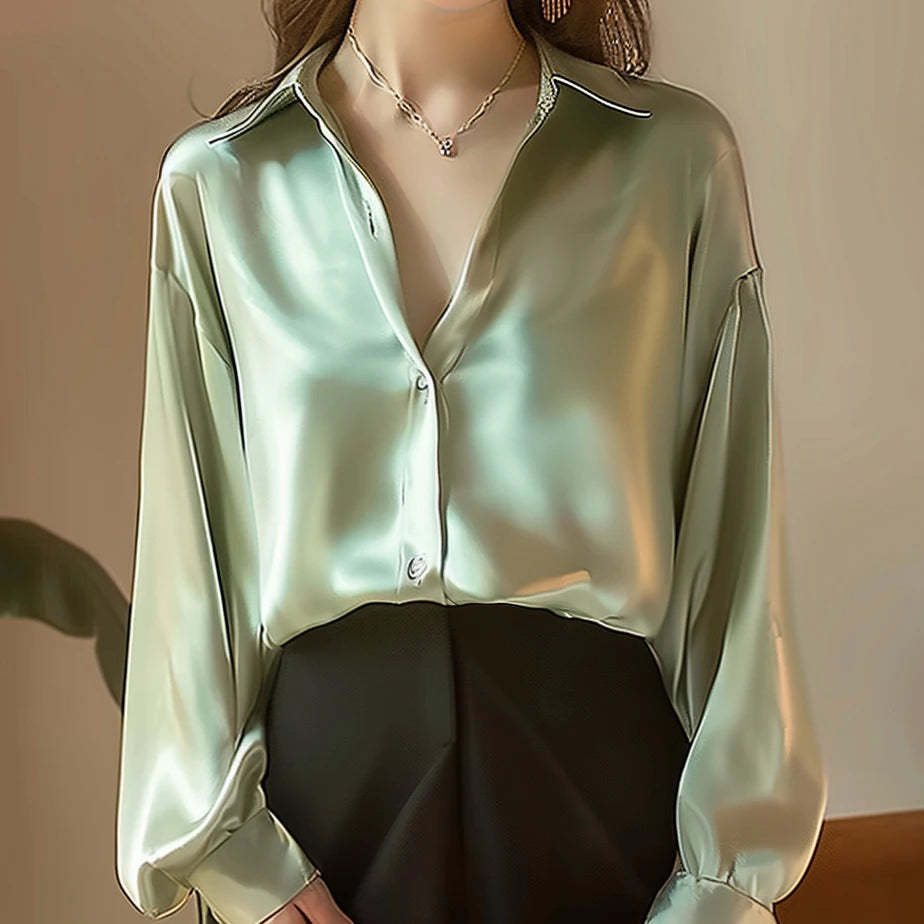 SUYISODA Women's Casual Satin Shirt - Office Lady Style with Button Decoration & Turn-down Collar