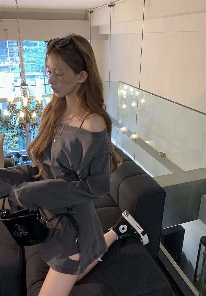 NoEnName_Null Y2K Style A-Line Mini Dress with Diagonal Collar and Bandage Detail - Autumn/Winter Fashion for Women