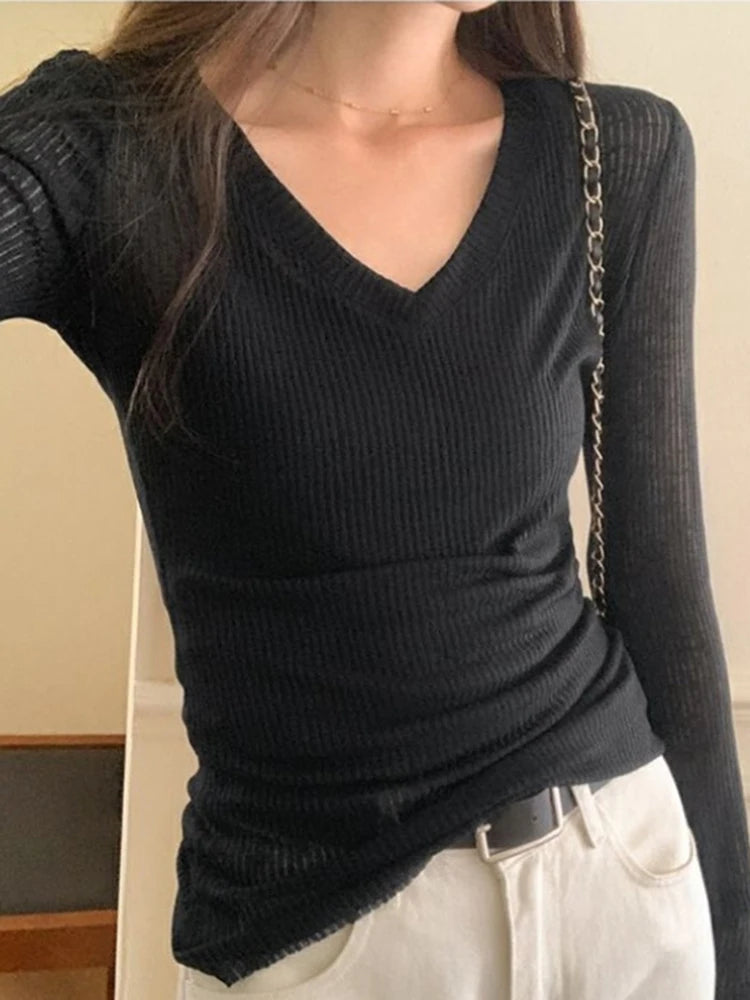 Women's Skinny Fit V-Neck Long Sleeve Stretch Tee – Summer 2025 | JEYONGZOO