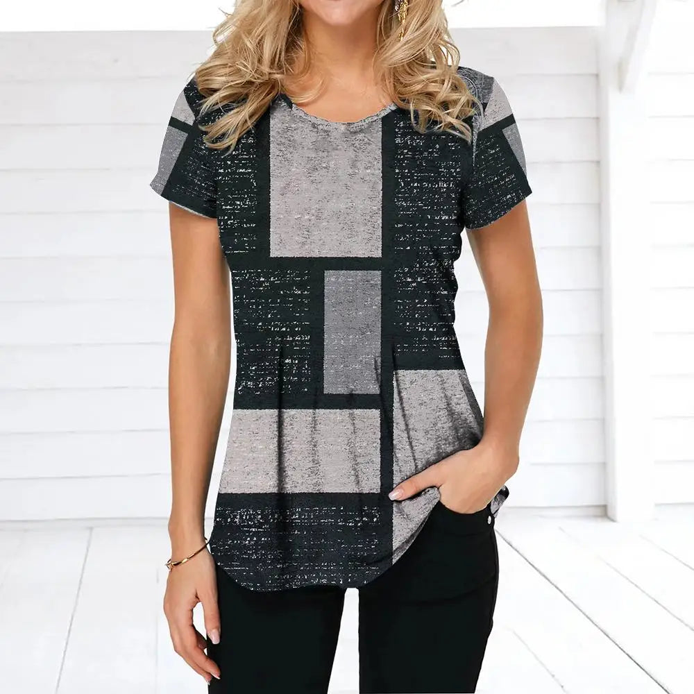 NoEnName_Null Women’s 3D Print Patchwork T-Shirt – Casual American Retro O-Neck Short Sleeve Top