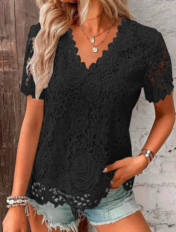 Women's Lace-Decorated Casual Tee – Spring/Summer Regular Fit Top by NoEnName_Null
