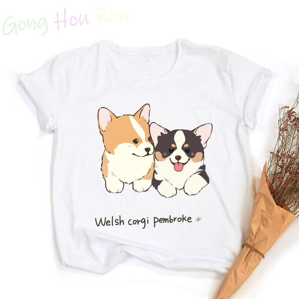 Gong Hou Ren Women’s Corgi Cartoon Graphic T-Shirt – Summer 2024 Collection