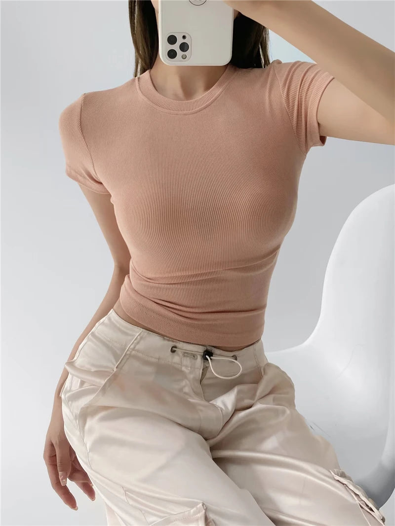 STVY Women's Slim Fit Solid Knit Tee with O-Neck - High Street Spring/Summer Top