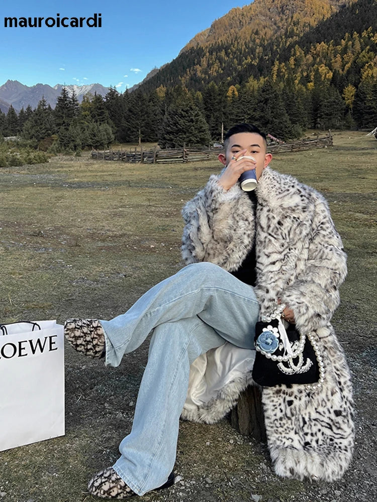 Mauroicardi Men’s Casual Leopard Faux Fur Winter Coat - Single-Breasted, Long-Length with Pockets