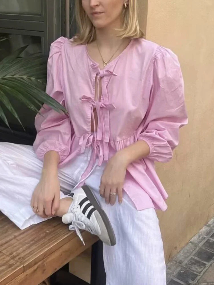 ASDS Women's Vintage Ruffled O-Neck Loose Fit Long Casual Shirt – Puff Sleeve, Single Breasted, Polyester Broadcloth
