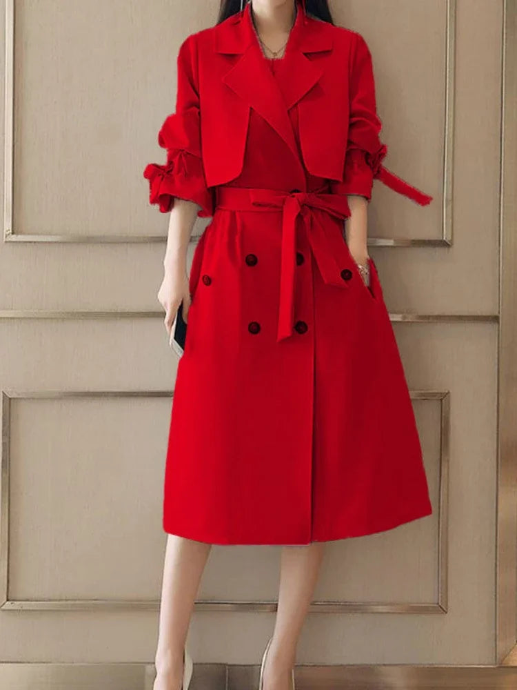 NoEnName_Null Women's Preppy Style Double-Breasted Trench Coat with Ruched and Spliced Details